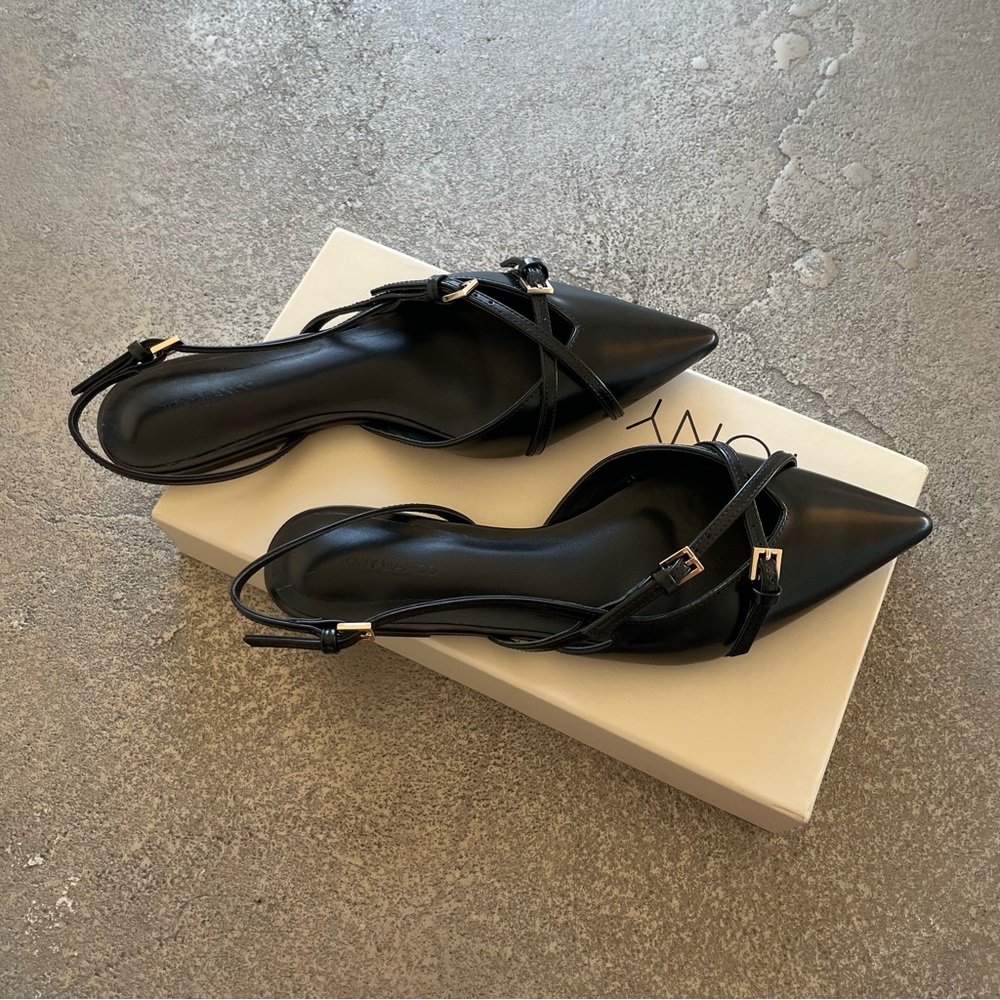 Tony Bianco Black Pointed Slingback Jamo Mule Flats w/ Buckle Straps - Picture 4 of 9